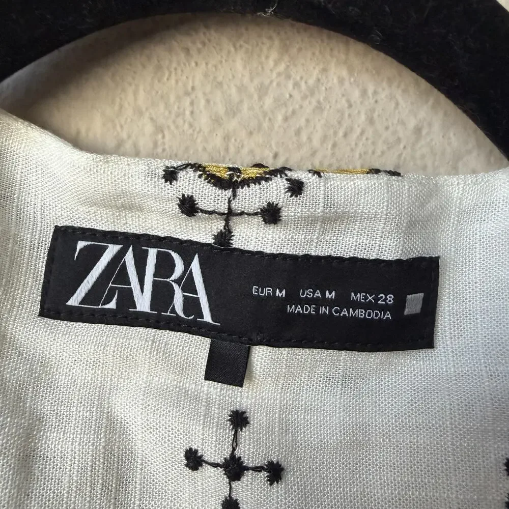 ZARA White Paisley Embroidered Linen Blend Matching Set